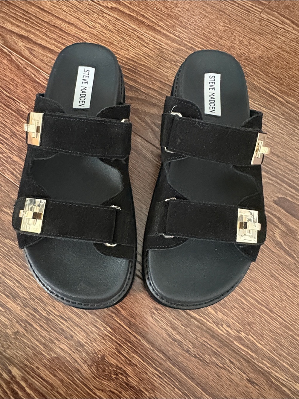 Steve Madden Black Suede Double Strap Slide Sandals with Gold Buckles - Picture 9 of 12